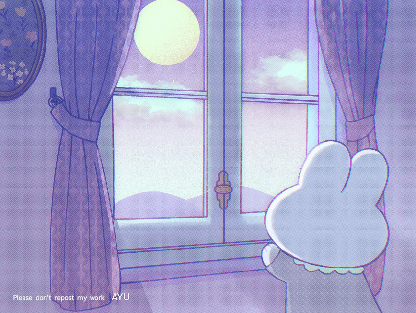 artist_name ayu_(mog) cloud commentary_request curtains english_commentary facing_away full_moon highres indoors mixed-language_commentary moon night night_sky no_humans original pajamas picture_frame polka_dot polka_dot_pajamas polka_dot_shirt purple_pajamas purple_shirt purple_sky rabbit shirt sky solo standing star_(sky) starry_sky watermark window
