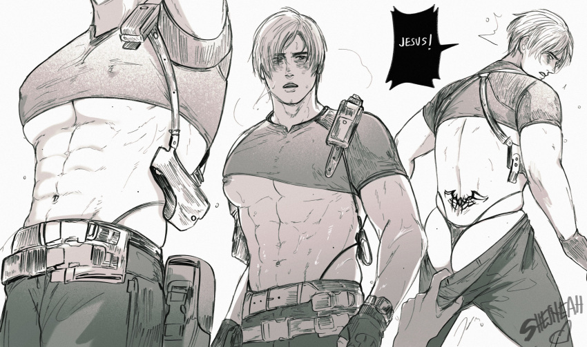 2boys abs absurdres artist_name back back_tattoo bara blush clothes_pull covered_nipples english_text greyscale highres holster knife_holster large_pectorals leon_s._kennedy male_underwear monochrome multiple_boys multiple_views muscular muscular_male navel nipples pants pants_pull pectorals resident_evil resident_evil_4 resident_evil_4_(remake) shejiyeah shoulder_holster solo_focus tattoo thong underwear weapon