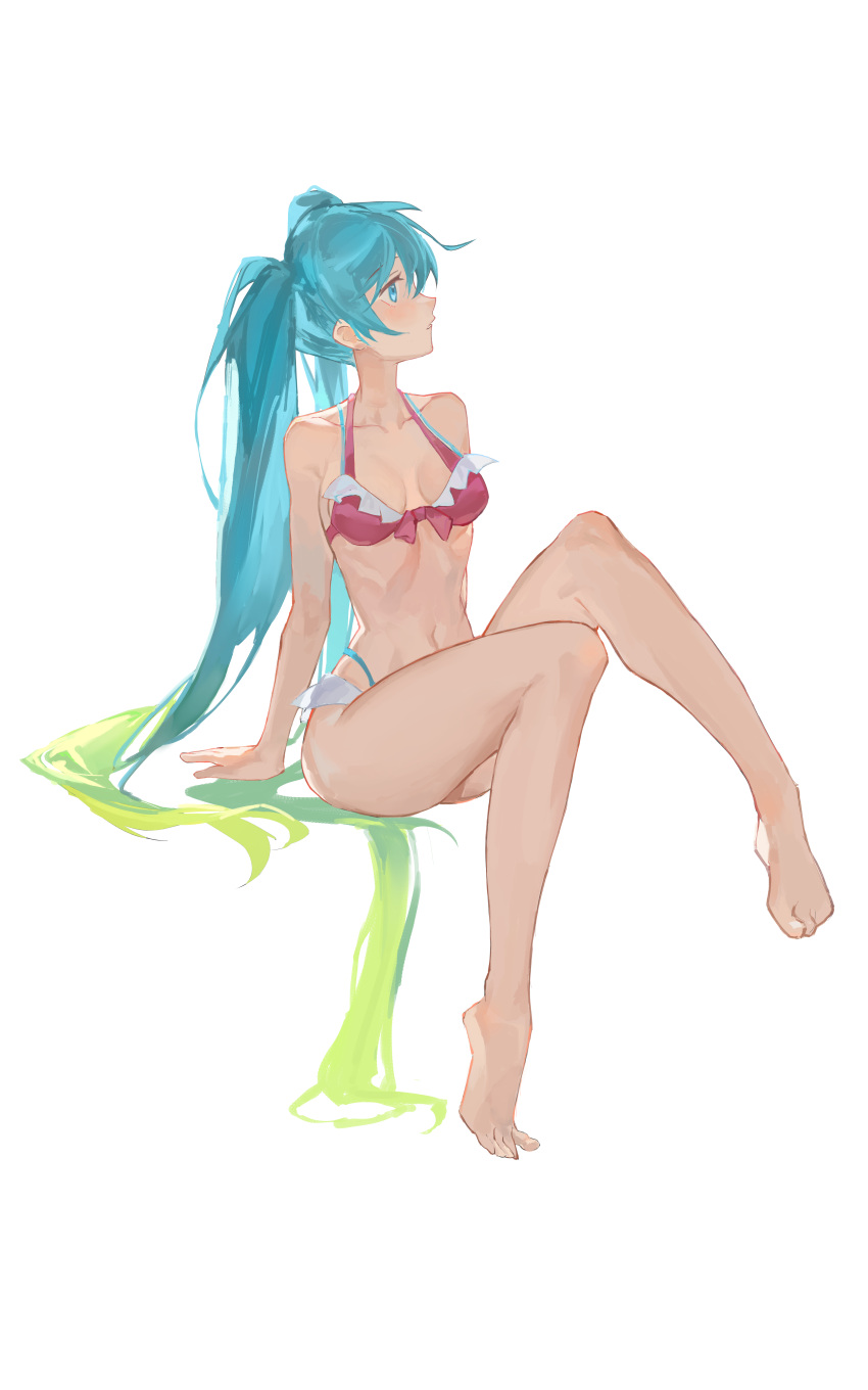 1girl absurdres bare_arms bare_legs bare_shoulders barefoot bikini blue_eyes blue_hair bow breasts cleavage collarbone front-tie_bikini_top front-tie_top full_body gradient_hair green_hair hair_between_eyes hatsune_miku highleg highleg_bikini highres long_hair looking_to_the_side multicolored_hair navel profile red_bow simple_background sitting small_breasts solo swimsuit twintails very_long_hair vocaloid white_background yazawa_yuki