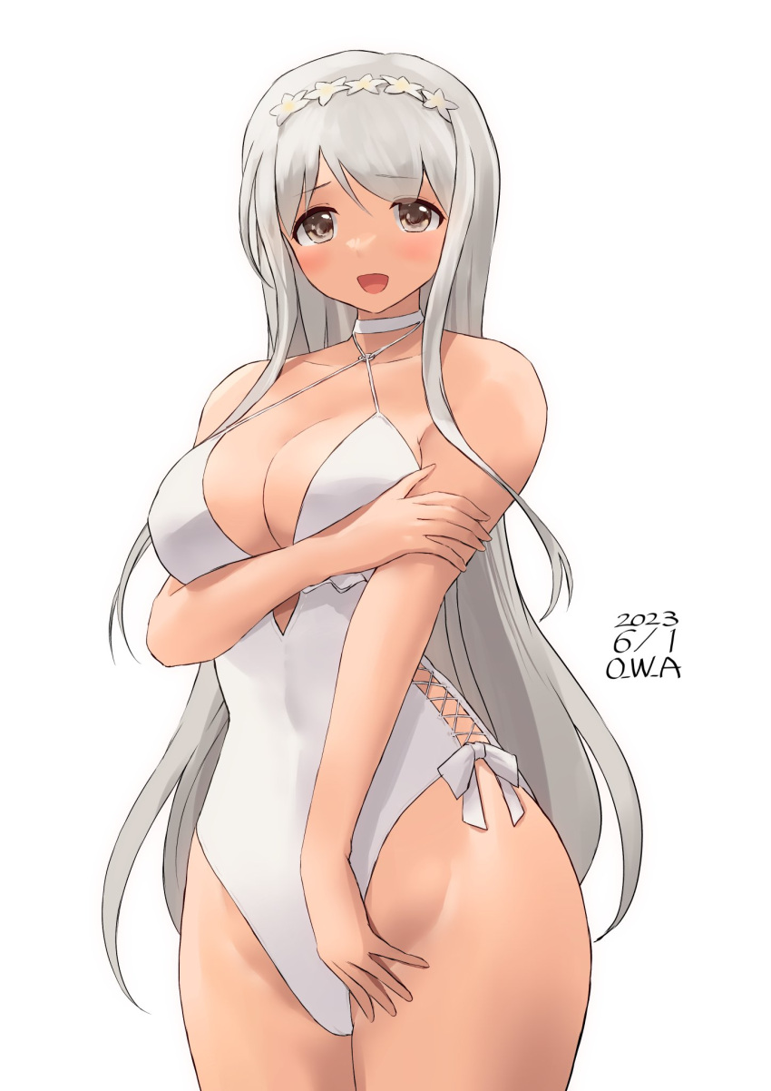 anchor_ornament casual_one-piece_swimsuit choker cosplay cross-laced_clothes cross-laced_swimsuit frilled_one-piece_swimsuit frills highres kantai_collection one-piece_swimsuit owa_(ishtail) sagiri_(kancolle) sagiri_(kancolle)_(cosplay) shawl shoukaku_(kancolle) side-tie_swimsuit swimsuit white_choker white_one-piece_swimsuit white_shawl