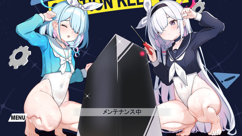 2girls arm_up arona_(blue_archive) bare_legs black_choker black_hairband black_serafuku blue_archive blue_eyes blue_hair blue_serafuku blush bow bowtie braid breasts choker closed_eyes covered_navel crop_top dongchuan expressionless facing_viewer fake_screenshot frown full_body gameplay_mechanics gears hair_over_one_eye hair_ribbon hairband highres holding holding_screwdriver knees_together_feet_apart legs leotard long_hair long_sleeves looking_at_object looking_at_viewer medium_hair multicolored_hair multiple_girls navel neckerchief no_pants open_mouth pink_hair plana_(blue_archive) repairing ribbon sailor_collar school_uniform screwdriver serafuku server single_braid skin_tight small_breasts smile squatting thighs title_screen two-tone_hair very_long_hair white_bow white_bowtie white_choker white_hair white_leotard white_neckerchief white_ribbon