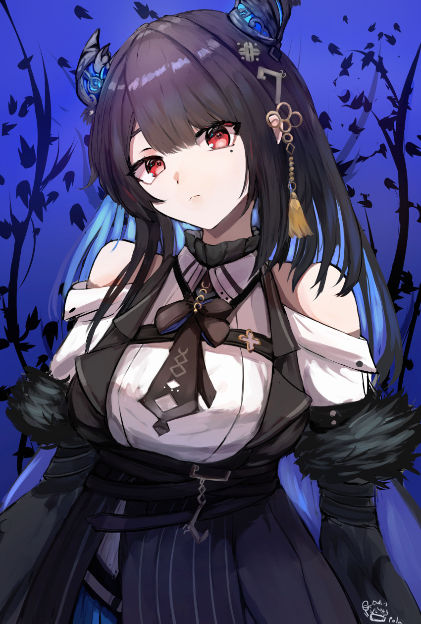 1girl absurdres asymmetrical_horns bare_shoulders black_hair blue_hair breasts colored_inner_hair demon_horns fur_trim hair_ornament highres hololive hololive_english horns kasunekei large_breasts long_hair looking_at_viewer mole mole_under_eye multicolored_hair nerissa_ravencroft red_eyes solo upper_body virtual_youtuber