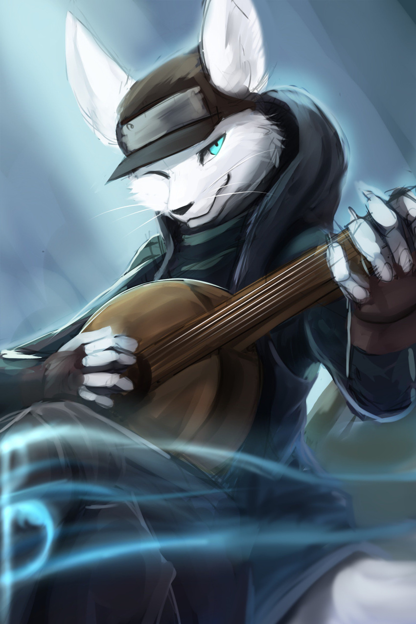 absurd_res anthro black_clothing black_nose black_topwear blue_eyes brown_clothing brown_gloves brown_handwear cheek_tuft clothed clothing facial_tuft fur gloves guitar handwear hi_res kuttoyaki looking_at_viewer male mouth_closed musical_instrument one_eye_closed playing_guitar playing_music plucked_string_instrument simple_background sitting solo string_instrument topwear tuft wearing_hat whiskers white_body white_fur
