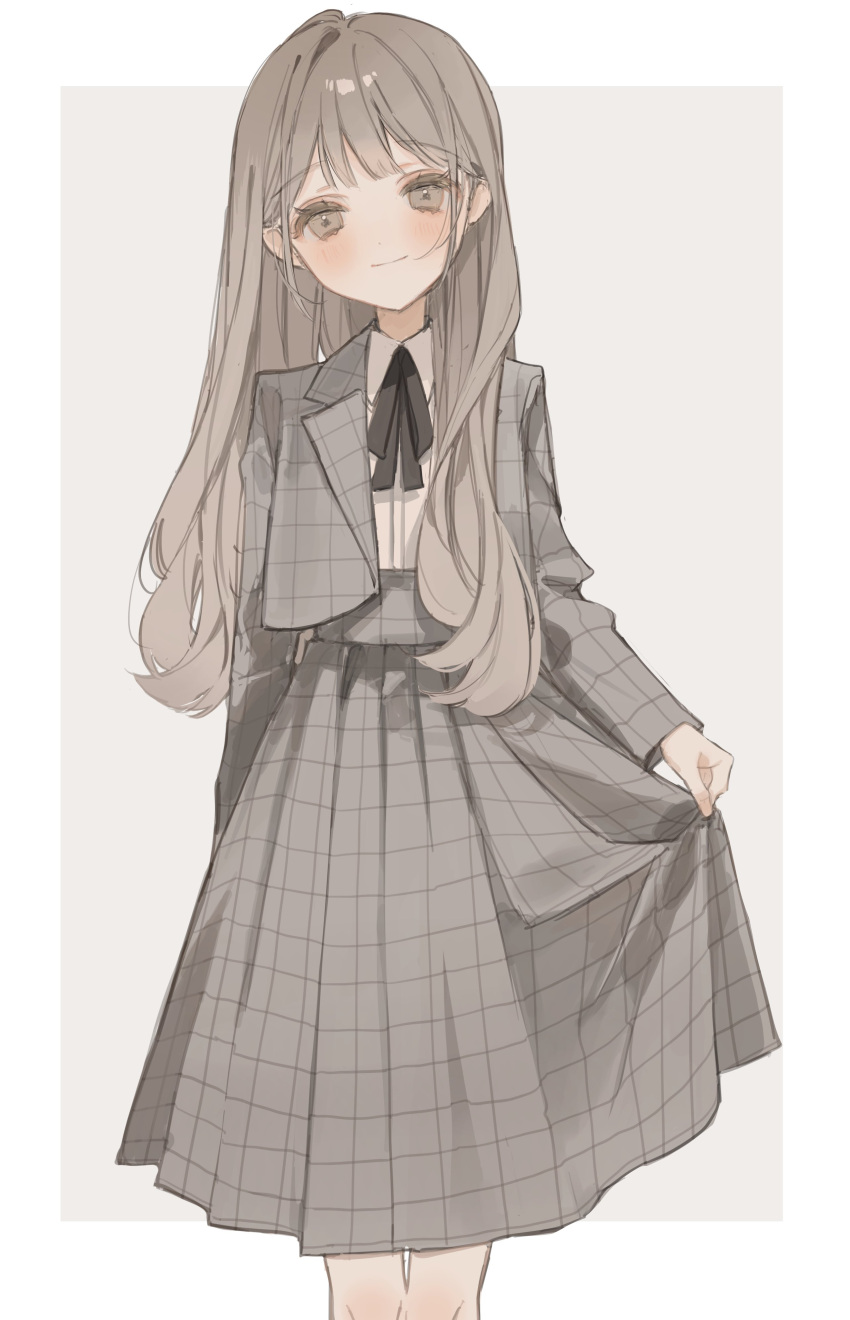 1girl absurdres blush brown_eyes brown_hair closed_mouth grey_background grey_eyes grey_hair grey_jacket highres jacket kyuumura long_hair long_sleeves looking_at_viewer original plaid plaid_skirt shirt simple_background skirt skirt_hold smile solo white_shirt