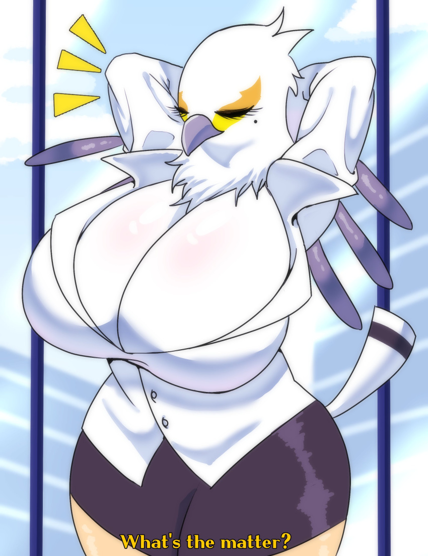 absurd_res accipitriform aggressive_retsuko anthro avian beak big_breasts bird bottomwear breasts cleavage clothed clothing dress_shirt english_text eyes_closed female haiyan hands_behind_head hi_res huge_breasts markings mole_(marking) non-mammal_breasts question_mark sanrio secretary_bird secretary_washimi shirt skirt solo text topwear white_body