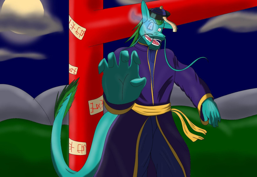 anthro asian_clothing asian_mythology assassinfenrir blue_body blue_clothing chinese_mythology clothed clothing cloud digital_media_(artwork) dragon drasheen_hoimura east_asian_clothing east_asian_mythology eastern_dragon gate glowing glowing_eyes green_hair hair hat headgear headwear hi_res jiangshi looking_at_viewer male moon mythology night ofuda open_mouth plant purple_clothing reaching red_eyes rock sash shaded sharp_teeth shrub solo tail talisman teeth tongue undead whiskers yellow_clothing