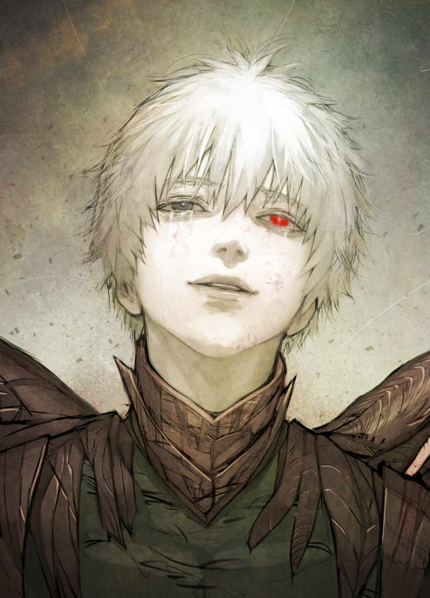 1boy black_bodysuit bodysuit brown_background gradient_background grey_background heterochromia highres kagune_(tokyo_ghoul) kaneki_ken looking_up messy_hair parted_lips short_hair smile solo stfr_(stfr_kaz) teeth tokyo_ghoul white_hair