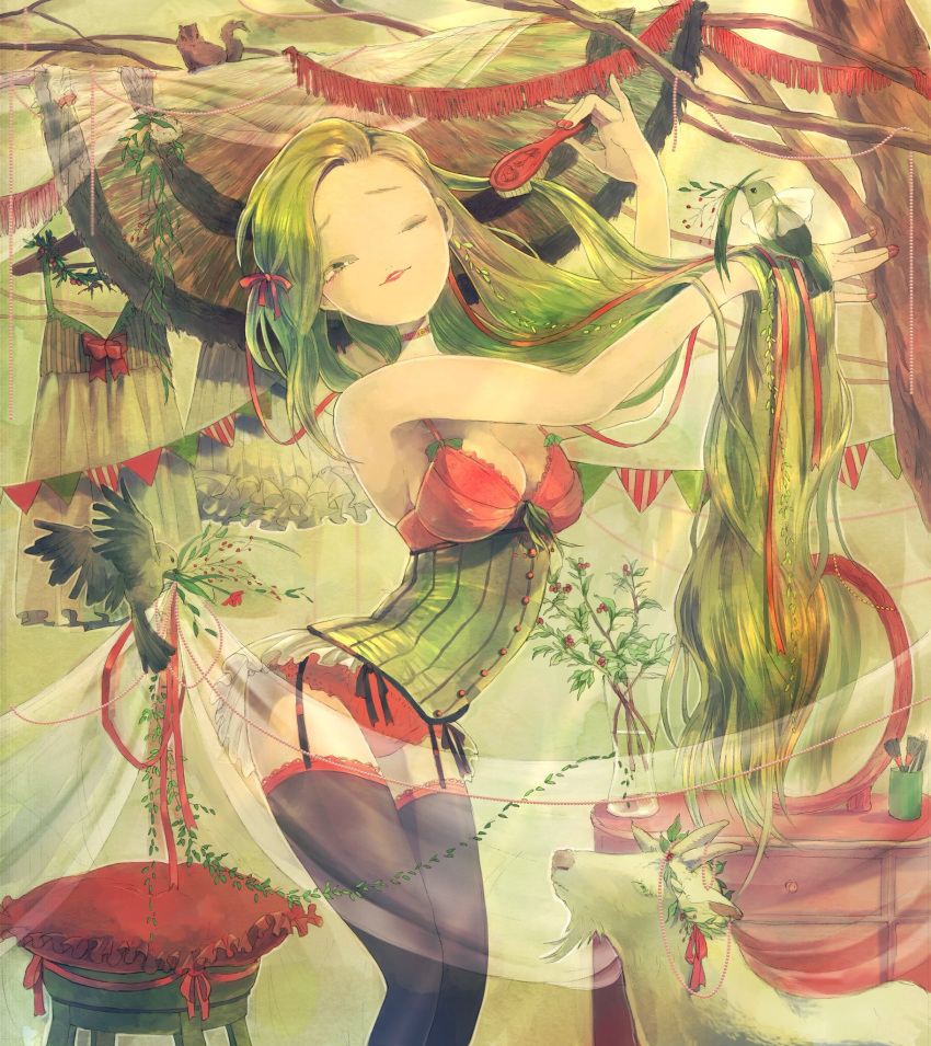 1girl animal bird black_thighhighs breasts choker cleavage feet_out_of_frame goat hair_brush hair_ribbon highres holding holding_hair_brush leaf medium_breasts mirror one_eye_closed original partially_immersed pillow red_choker red_nails red_ribbon ribbon solo squirrel stool tasoyamaro thighhighs