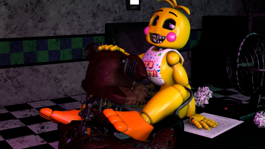 2023 3d_(artwork) animatronic avian bird canid canine checkered_floor chicken cunnilingus digital_media_(artwork) duo enjoyment female fingers five_nights_at_freddy's five_nights_at_freddy's_2 five_nights_at_freddy's_4 fox foxofnightmares furniture galliform gallus_(genus) hi_res hook humanoid hypersstash6000 machine male male/female mammal nightmare_foxy_(fnaf) on_table oral phasianid pirate pizzeria red_body robot scottgames security sex table teeth tongue toy toy_chica_(fnaf) vaginal white_eyes yellow_body