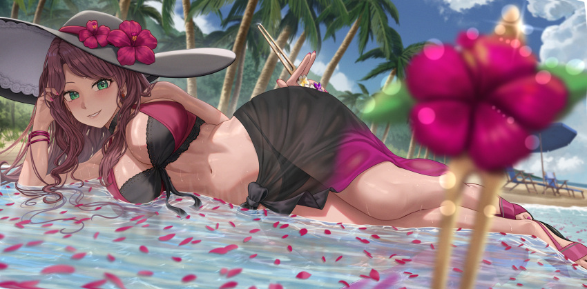 1girl absurdres beach bikini black_sarong blue_sky breasts brown_hair cleavage cloud dorothea_arnault dorothea_arnault_(summer) elbow_rest fire_emblem fire_emblem:_three_houses fire_emblem_heroes flower green_eyes hat hat_flower highres large_breasts lying navel official_alternate_costume on_side palm_tree petals petals_on_liquid red_flower sarong silvertsuki sky solo stomach sun_hat swimsuit tree water