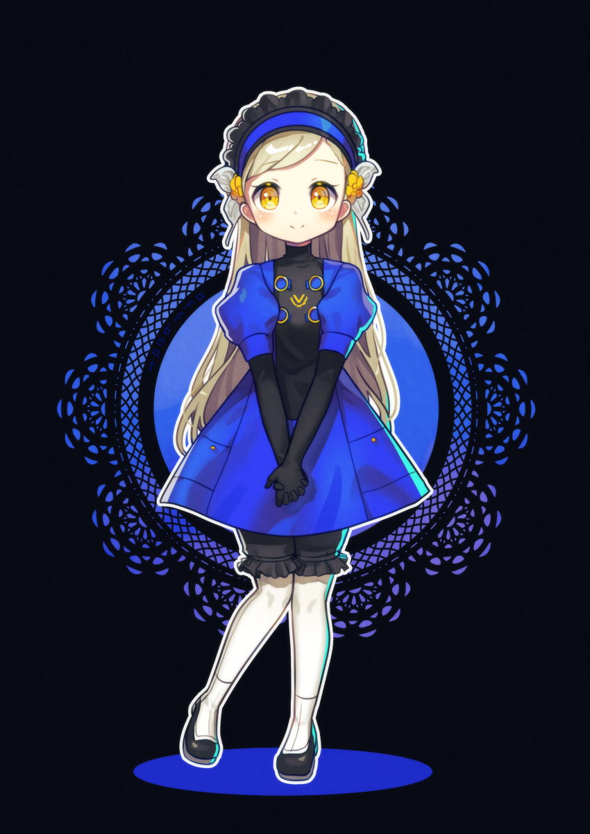 1girl absurdres black_background black_footwear black_gloves black_shorts blonde_hair blue_dress blue_hairband breasts butterfly_hair_ornament closed_mouth dress elbow_gloves frilled_hairband frilled_shorts frills full_body gloves hair_ornament hairband highres lavenza_(persona_5) long_hair looking_at_viewer medium_breasts offbeat own_hands_together persona persona_5 puffy_short_sleeves puffy_sleeves short_sleeves shorts shorts_under_dress smile socks solo swept_bangs velvet_room very_long_hair white_socks yellow_eyes