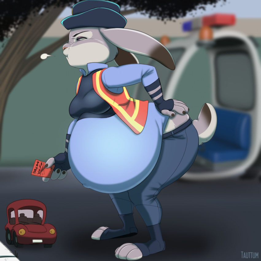 4_fingers 4_toes anthro artist_name belly big_belly breasts car clothed clothing day disney feet female fingerless_gloves fingers footwear frustrated fur gloves grey_body grey_fur hand_on_butt hand_on_own_butt handwear hi_res judy_hopps lagomorph leaning leaning_forward leporid long_ears mammal outside plant police_uniform pregnant purple_eyes rabbit scut_tail short_tail solo standing tail tauttum toeless_footwear toes topwear tree uniform vehicle vest zootopia