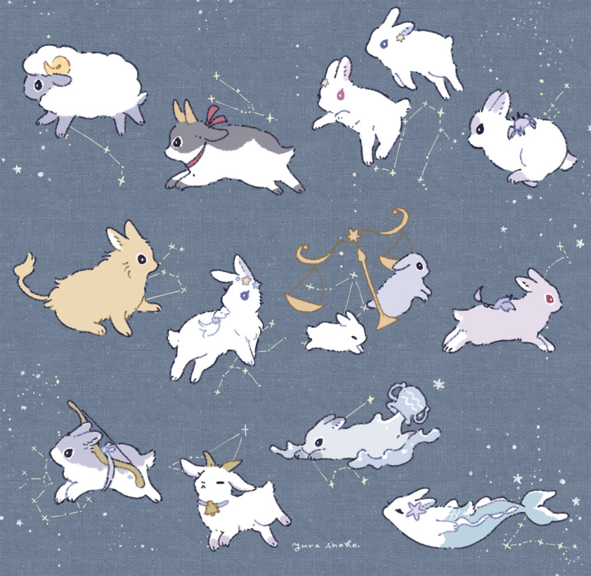 animal_focus aquarius_(zodiac) aries_(zodiac) artist_name bell blue_background bow_(weapon) braid cancer_(zodiac) capricorn_(zodiac) chimera closed_eyes constellation constellation_request cow crab gemini_(zodiac) goat horns leo_(zodiac) libra_(zodiac) lion liquid neck_bell no_humans non-human_mermaid original pisces_(zodiac) rabbit sagittarius_(zodiac) scorpio_(zodiac) scorpion sheep star_(sky) starry_background taurus_(zodiac) vase virgo_(zodiac) weapon weighing_scale white_rabbit_(animal) yurano_(upao) zodiac