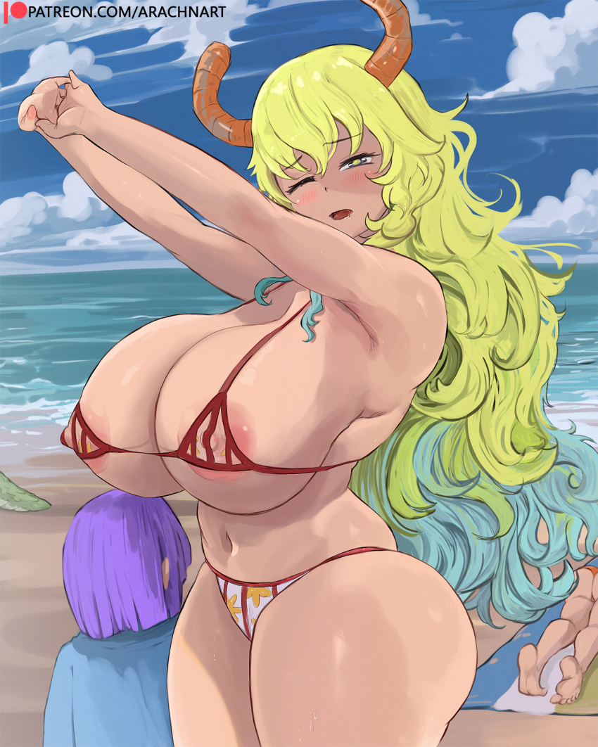 ambiguous_gender arachnart areola beach big_breasts bikini breasts butt clothed clothing female group hi_res horn horned_humanoid huge_breasts human humanoid larger_female lying mammal miss_kobayashi's_dragon_maid nipple_outline on_front quetzalcoatl_(dragon_maid) seaside shouta_magatsuchi size_difference solo_focus swimwear trio