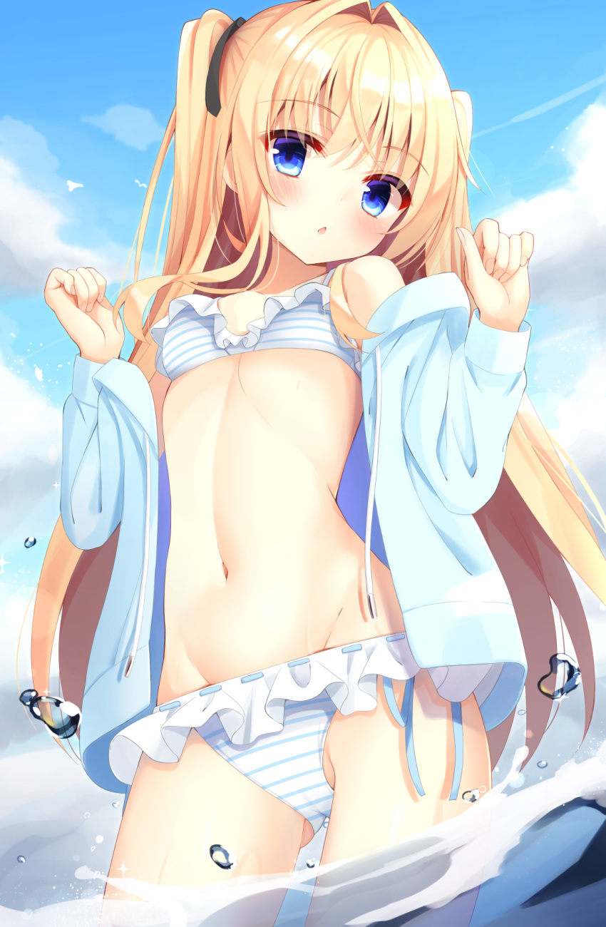 1girl bikini blonde_hair blue_eyes blue_jacket blue_sky cloud day drawstring frilled_bikini frills hair_intakes highres hiragana_iroiro hood hooded_jacket jacket long_hair original outdoors sky solo standing striped striped_bikini swimsuit two_side_up wading water