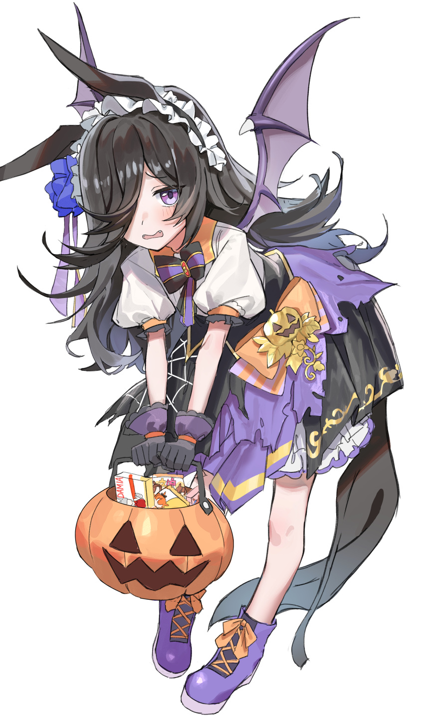 1girl absurdres animal_ears black_gloves black_hair blush boots bow bowtie bucket candy commentary_request fang flower food frilled_hairband frills full_body gloves hair_flower hair_ornament hair_over_one_eye hairband halloween_bucket haruyuki_(gffewuoutgblubh) highres holding holding_bucket horse_ears horse_girl horse_tail layered_skirt leaning_forward long_hair looking_at_viewer open_mouth puffy_short_sleeves puffy_sleeves purple_eyes purple_footwear raised_eyebrows rice_shower_(make_up_vampire!)_(umamusume) rice_shower_(umamusume) shirt short_sleeves simple_background skirt solo standing tail umamusume white_background white_shirt