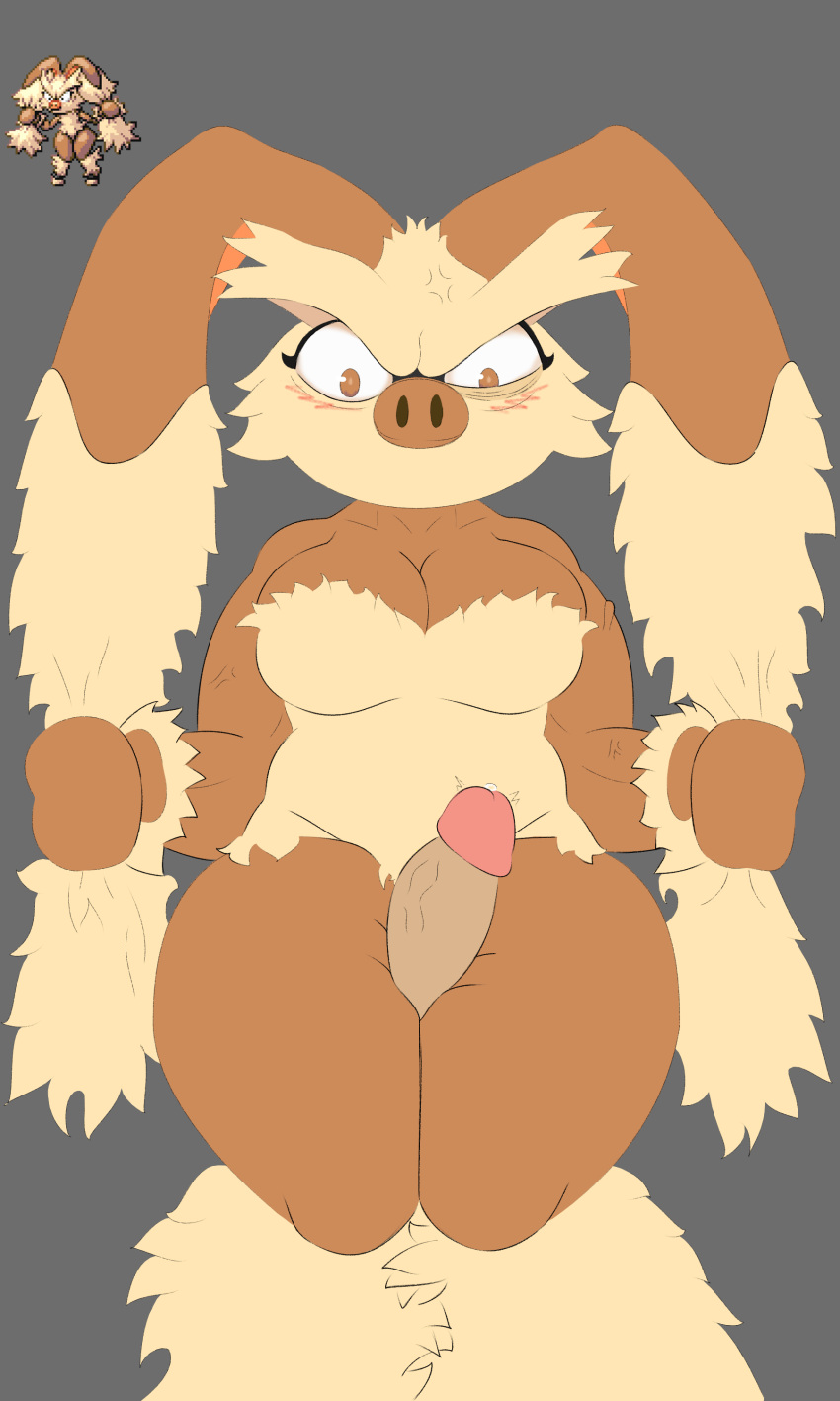 absurd_res angry anthro around_drum bodily_fluids breasts cleavage clothed clothing cross-popping_vein cum duo female fusion generation_1_pokemon generation_4_pokemon genital_fluids genitals hi_res human hybrid leaking_precum lopunny male male/female mammal muscular muscular_female nintendo penis pokemon pokemon_(species) pokemon_fusion precum primeape sex thigh_sex