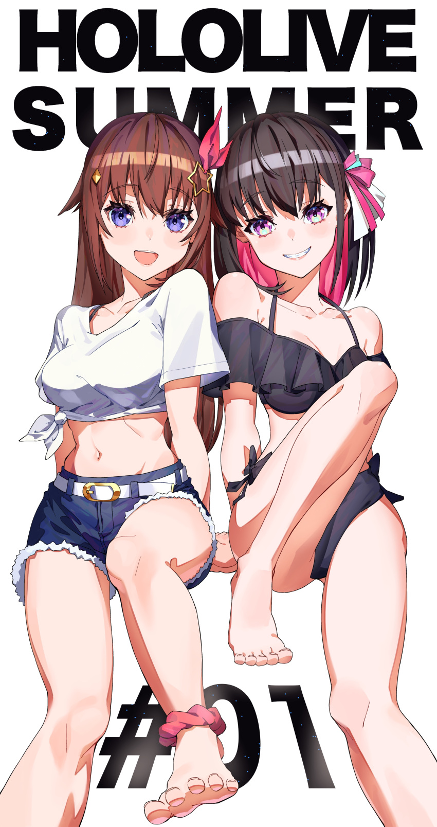 2girls absurdres ankle_scrunchie azki_(hololive) bare_legs bare_shoulders barefoot belt bikini black_bikini black_bikini_bottom black_hair blue_eyes breasts brown_hair cleavage collarbone colored_inner_hair denim denim_shorts diamond_hair_ornament hair_ornament hair_ribbon hairclip highres hololive long_hair looking_at_viewer midriff multicolored_hair multiple_girls navel off-shoulder_bikini off_shoulder open_mouth pink_hair purple_eyes r_h_0502 red_ribbon ribbon scrunchie shirt shorts smile spread_toes star_(symbol) star_hair_ornament swimsuit tied_shirt toes tokino_sora virtual_youtuber white_shirt