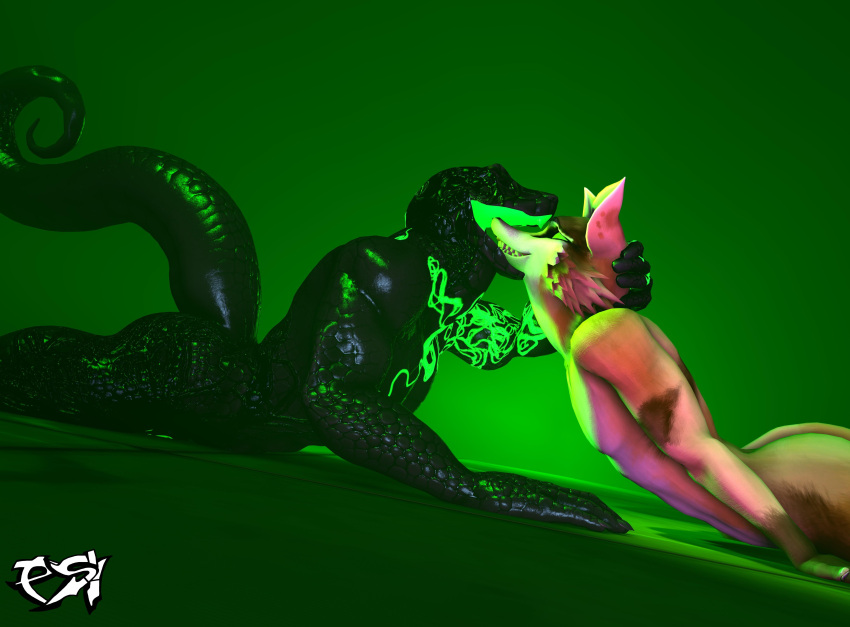 3d_(artwork) absurd_res anthro black_body black_scales brainwashing canid canine canis claws digital_media_(artwork) dominant dominant_male duo female fingers fox fur glowing glowing_body glowing_eyes glowing_markings green_eyes green_mouth head_in_mouth hi_res holding_head hypnosis imminent_vore lying male male/female male/male mammal markings mind_control multicolored_body multicolored_fur nude on_front open_mouth oral_vore partially_inside petruz_(copyright) psikokinetic reptile scales scalie simple_background smile snake snake_(petruz) source_filmmaker spiral_eyes submissive submissive_male tail tail_markings tan_body tan_fur teeth tongue tongue_out vore warfare_machine white_body white_fur