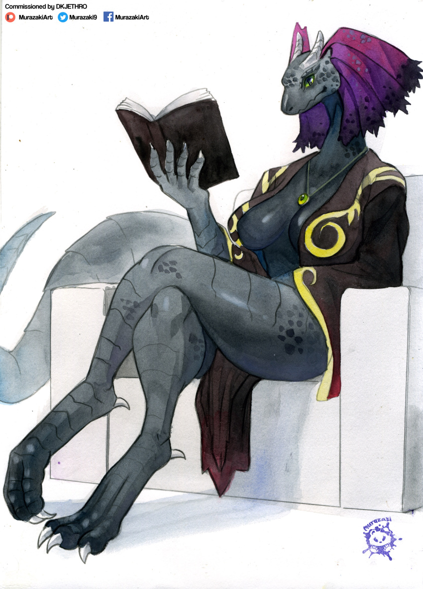 absurd_res anthro areola areola_slip black_body black_scales book chair crossed_legs dragon female furniture hi_res murazaki scales simple_background solo throne white_background