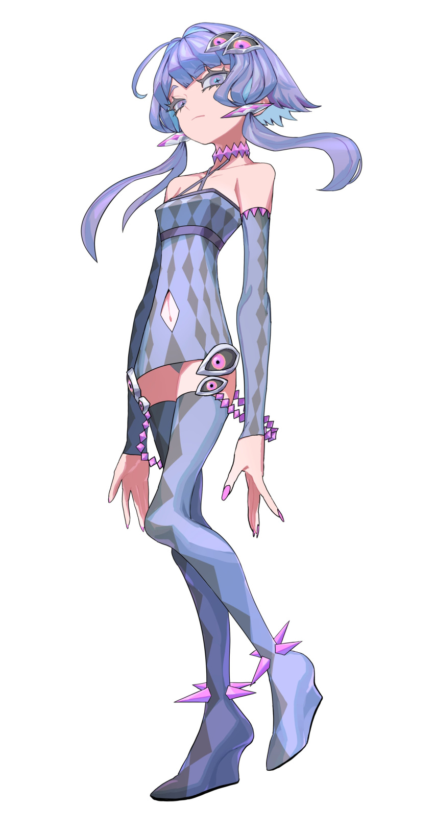 1girl absurdres ahoge alternate_design arms_at_sides blue_eyes boots choker closed_mouth clothing_cutout coat coat_partially_removed criss-cross_halter cross-shaped_pupils detached_sleeves diamond_cutout diamond_print dress expressionless eye_hair_ornament fingernails floating_hair full_body hair_intakes half-closed_eyes halter_dress halterneck high_heels highres long_fingernails looking_at_viewer microdress multicolored_eyes navel navel_cutout open_clothes open_coat panties pantyshot pink_nails print_dress print_footwear puffy_coat purple_choker purple_coat purple_dress purple_eyes purple_footwear purple_panties purple_sleeves short_hair_with_long_locks simple_background solo standing standing_on_one_leg symbol-shaped_pupils thigh_boots tmasyumaro underwear vocaloid voiceroid white_background yuzuki_yukari