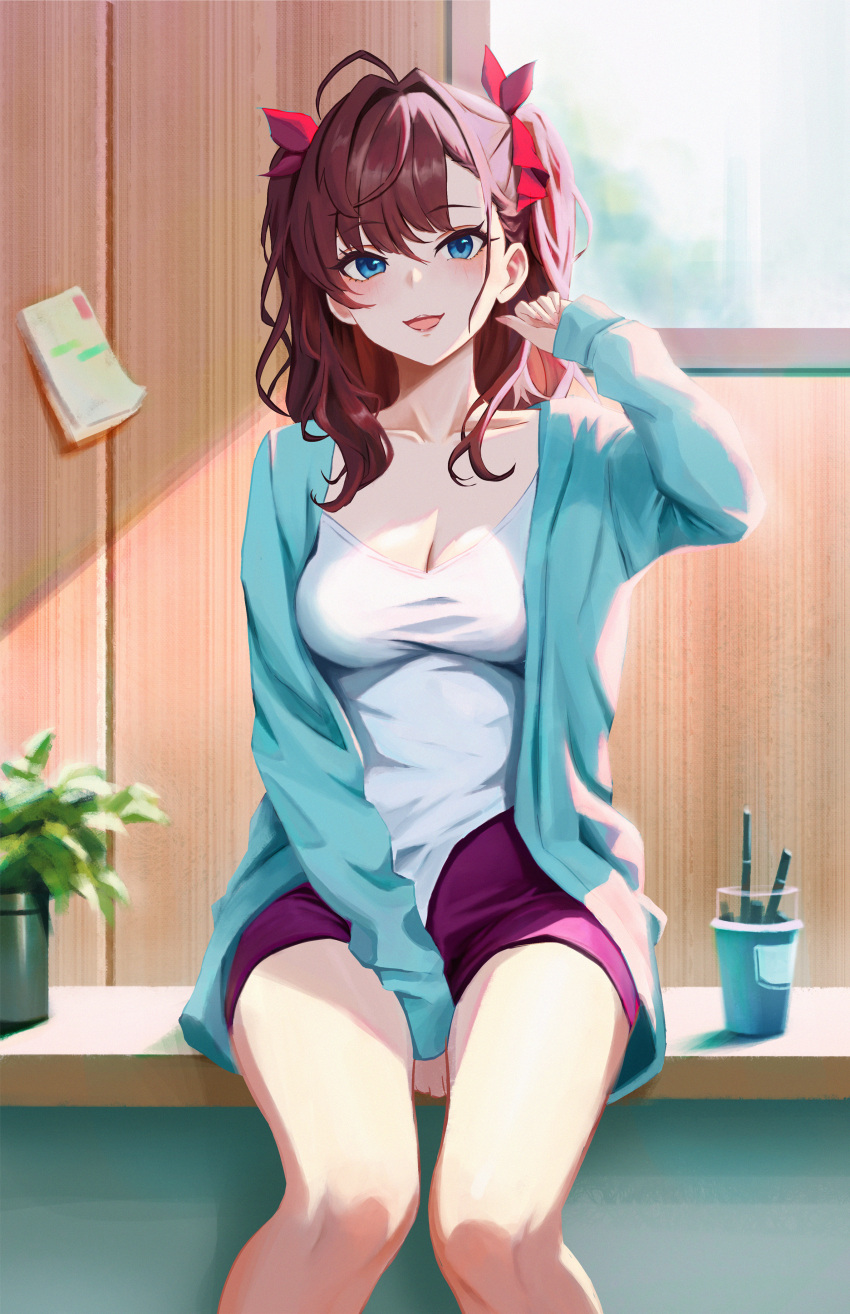 1girl :3 absurdres ahoge bench between_legs blue_eyes blush bow breasts brown_hair cleavage collarbone cowboy_shot curly_hair dappled_sunlight hair_bow hand_between_legs hand_in_own_hair highres ichinose_shiki idolmaster idolmaster_cinderella_girls indoors jacket large_breasts looking_at_viewer multiple_hair_bows on_bench open_clothes open_jacket open_mouth plant potted_plant qingli_ye shirt shorts sitting solo sunlight two_side_up white_shirt window