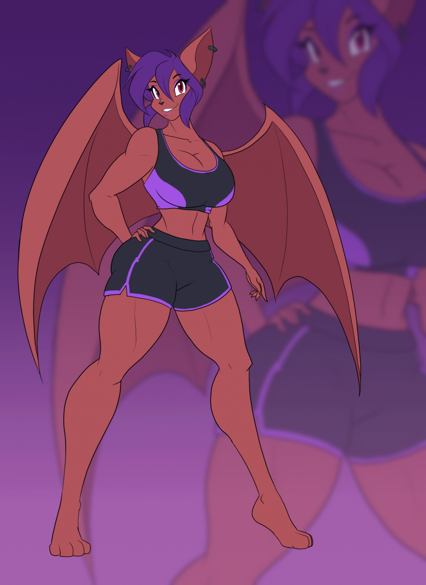 2023 4_toes 5_fingers anthro athletic athletic_female barefoot bat big_breasts black_bottomwear black_clothing black_shorts bottomwear bra breasts cleavage clothed clothing ear_piercing ear_ring eyeshadow feet female fingers flesh_tunnel gym_bottomwear gym_clothing gym_shorts hair hi_res looking_at_viewer makeup mammal membrane_(anatomy) membranous_wings midriff muscular_thighs orange_body piercing pink_eyeshadow pteropodid purple_hair red_eyes ring_piercing shorts simple_background solo sports_bra toes toughset underwear wings
