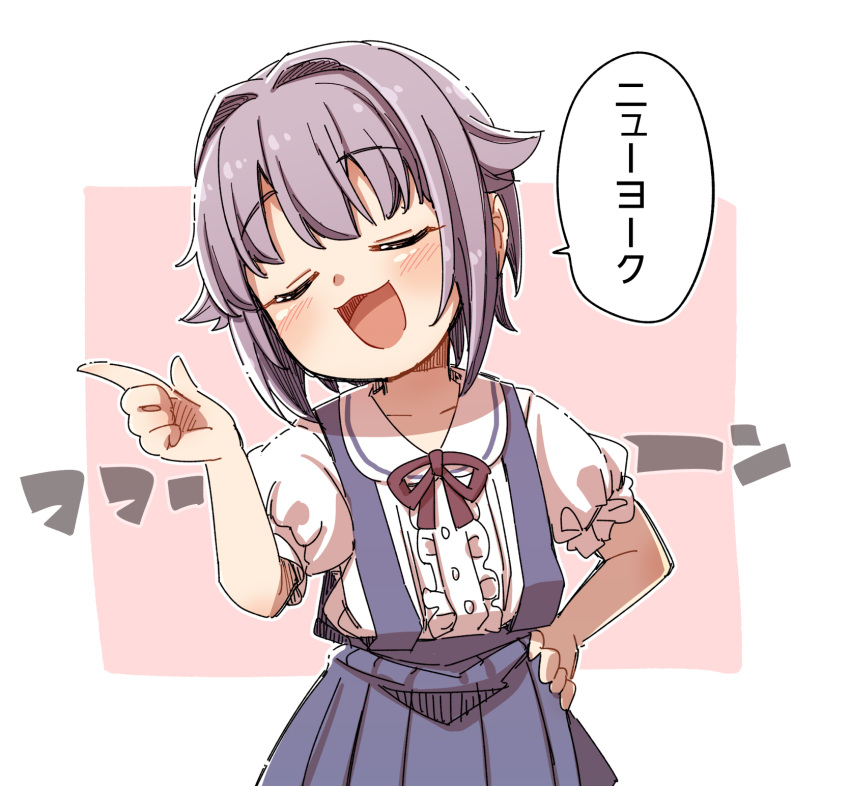 1girl :d blue_skirt blush brown_ribbon center_frills closed_eyes collared_shirt commentary_request facing_viewer frills grey_hair hair_flaps hair_intakes hand_on_own_hip hand_up highres idolmaster idolmaster_cinderella_girls index_finger_raised koshimizu_sachiko leaning_to_the_side neck_ribbon pink_background pleated_skirt puffy_short_sleeves puffy_sleeves ribbon shirt short_sleeves skirt smile solo suspender_skirt suspenders translation_request two-tone_background white_background white_shirt yukie_(kusaka_shi)