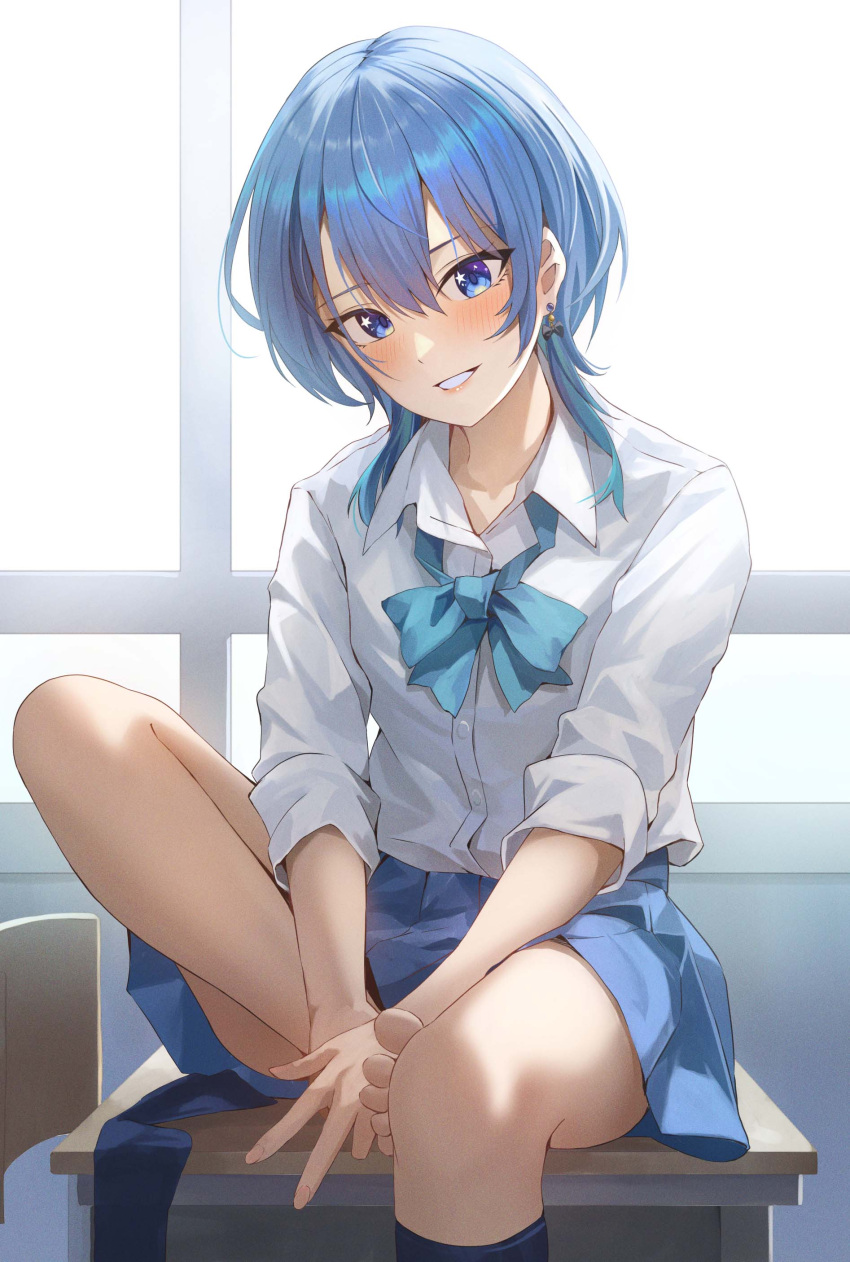 1girl absurdres barefoot black_socks blue_bow blue_bowtie blue_hair blue_skirt blush bow bowtie chair chakuma_(yiyh1468) collarbone collared_shirt desk earrings eyelashes foot_out_of_frame hair_between_eyes highres hololive hoshimachi_suisei indoors jewelry knee_up kneehighs looking_at_viewer loose_bowtie medium_hair official_alternate_hairstyle on_desk parted_lips pleated_skirt school_chair school_desk shirt sitting sitting_on_desk skirt socks solo star_(symbol) star_in_eye symbol_in_eye teeth toes virtual_youtuber white_shirt