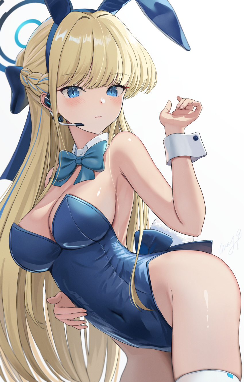 1girl animal_ears arched_back bare_shoulders blonde_hair blue_archive blue_bow blue_eyes blue_hairband blue_leotard blush bow bowtie braid breasts closed_mouth covered_navel detached_collar earpiece fake_animal_ears hairband halo hand_up highleg highleg_leotard highres leaning_forward leotard long_hair may9 medium_breasts microphone official_alternate_costume official_alternate_hairstyle playboy_bunny rabbit_ears simple_background solo thighhighs thighs toki_(blue_archive) toki_(bunny)_(blue_archive) very_long_hair white_background white_thighhighs wrist_cuffs