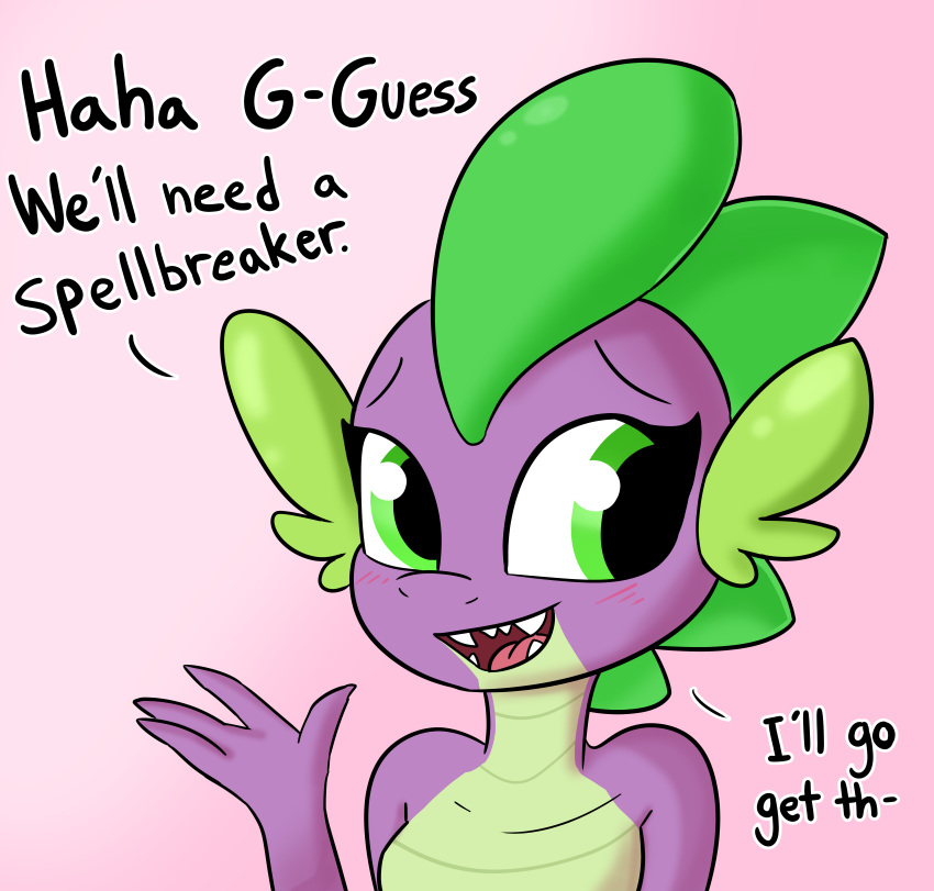 2023 4_fingers absurd_res anthro blush crossgender dialogue digital_media_(artwork) dragon eyelashes female fingers friendship_is_magic green_body green_ears green_eyes green_skin hasbro hi_res mtf_crossgender multicolored_body multicolored_skin my_little_pony purple_body purple_skin scalie smile solo spike_(mlp) spikes tjpones tongue two_tone_body two_tone_skin wingless_dragon