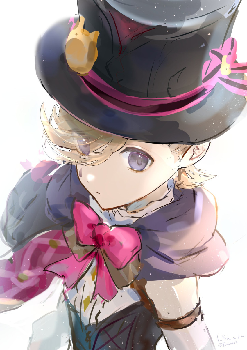 1boy androgynous black_cloak black_headwear black_vest blonde_hair cloak fujito_(call_f_) genshin_impact hat highres hood hood_down long_sleeves lyney_(genshin_impact) male_focus purple_eyes shirt short_hair sketch solo teardrop_facial_mark top_hat vest white_shirt