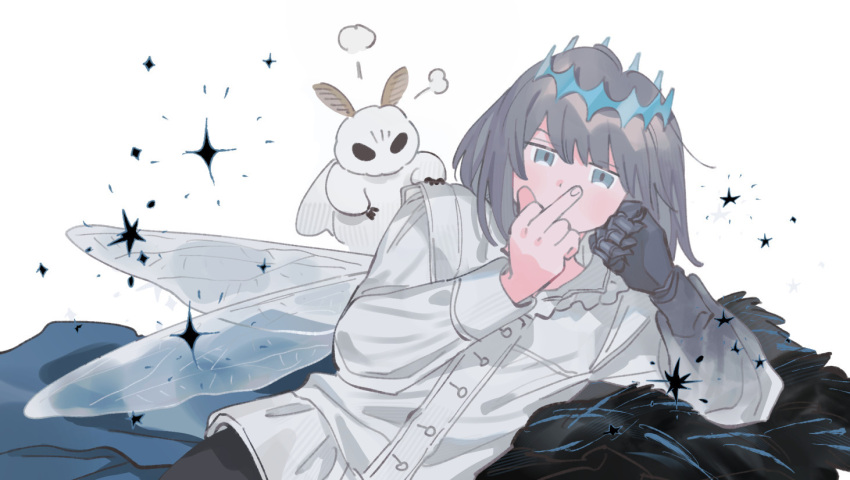 1boy angry blanca_(fate) bug diamond_hairband dragonfly_wings dress_shirt fate_(series) frilled_shirt_collar frills grey_eyes grey_hair looking_at_viewer lying male_focus middle_finger moth oberon_(fate) oberon_(third_ascension)_(fate) on_side oneroom-disco shirt short_hair simple_background white_background white_shirt