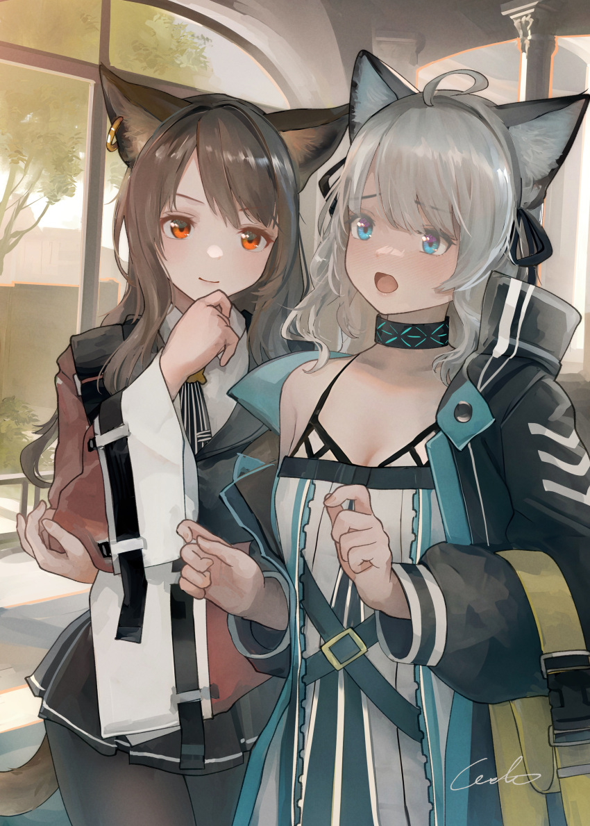 2girls absurdres ahoge animal_ear_fluff animal_ears arknights black_jacket black_pantyhose black_skirt blue_eyes breasts brown_hair cleavage closed_mouth collarbone collared_shirt commentary_request dress ear_piercing grey_hair highres indoors jacket long_sleeves mint_(arknights) multiple_girls open_clothes open_jacket open_mouth pantyhose piercing pleated_skirt puffy_long_sleeves puffy_sleeves red_eyes shirt signature skirt skyfire_(arknights) small_breasts tail welt_(kinsei_koutenkyoku) white_dress white_shirt