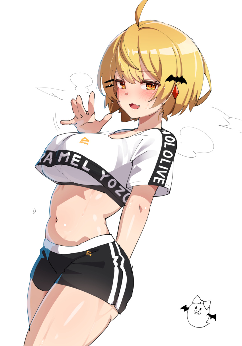 1girl ahoge ayagi_daifuku bat_hair_ornament black_shorts blonde_hair breasts commentary_request crop_top crop_top_overhang hair_ornament highres hololive large_breasts looking_at_viewer midriff navel official_alternate_costume open_mouth short_hair short_sleeves shorts simple_background solo sports_bra sweat thighs virtual_youtuber white_background yellow_eyes yozora_mel