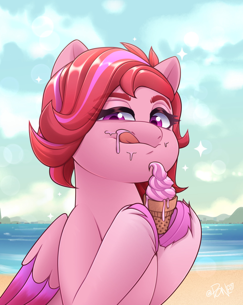 2023 absurd_res beach bust_portrait dessert digital_media_(artwork) equid equine eyebrows eyelashes feathered_wings feathers female feral folded_wings food fur hair hasbro hi_res holding_object hooves ice_cream leg_tuft licking licking_lips mammal mane mlp_g5 my_little_pony outside pegasus pink_body pink_eyes pink_feathers pink_fur pink_hair pink_hooves pink_mane portrait rivin177 seaside solo tongue tongue_out tuft underhoof water windy_(mlp) wings