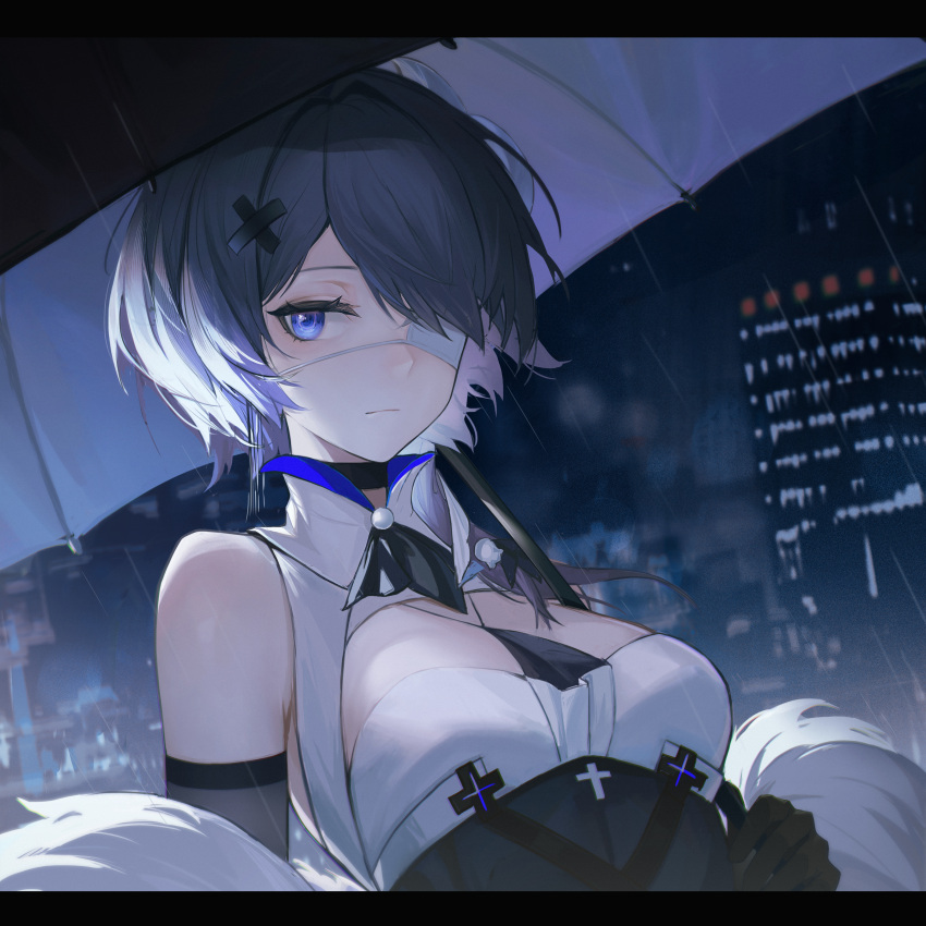 1girl absurdres arknights bare_shoulders black_collar black_gloves black_umbrella blue_eyes breasts building collar eyepatch gem gloves hair_ornament highres lllluly_k medical_eyepatch medium_breasts oil-paper_umbrella one_eye_covered pearl_(gemstone) short_hair solo umbrella whisperain_(arknights) x_hair_ornament