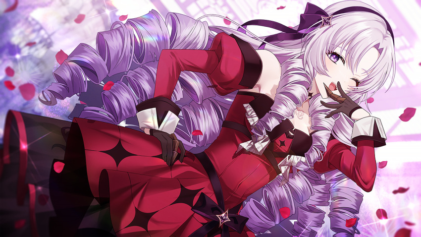 1girl ;d bare_shoulders black_gloves bow covering_mouth dress dress_shirt drill_hair dutch_angle gloves hairband half_gloves hand_on_own_hip hand_over_own_mouth hand_up hina_(yys8487) hyakumantenbara_salome hyakumantenbara_salome_(1st_costume) juliet_sleeves long_hair long_sleeves looking_at_viewer nijisanji ojou-sama_pose one_eye_closed puffy_sleeves purple_eyes purple_hair purple_hairband red_dress shirt simple_background smile solo strapless strapless_dress virtual_youtuber waist_bow