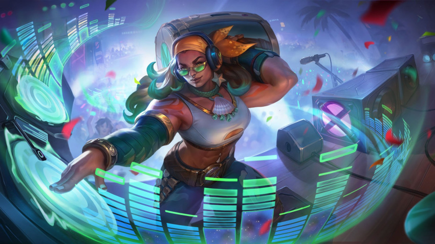 1girl abs bandana belt black_pants brown_belt concert confetti crop_top crowd dark-skinned_female dark_skin dj green-tinted_eyewear green_hair green_nails grey_shirt headphones highres holding illaoi illbeats instrument league_of_legends long_hair microphone microphone_stand muscular muscular_female music nail_polish official_alternate_costume official_art orange_bandana pants playing_instrument shirt solo_focus sunglasses tinted_eyewear