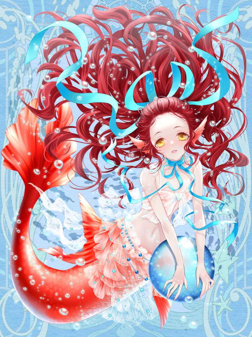 1girl air_bubble ball blue_background blue_ribbon breasts bubble dairoku_ryouhei engage_westend hair_ribbon highres holding holding_ball long_hair looking_at_viewer mermaid monster_girl navel neck_ribbon red_hair ribbon small_breasts solo tsukapone underwater very_long_hair yellow_eyes