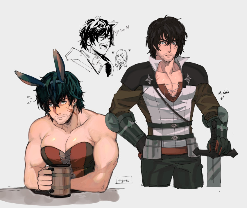 1boy 1girl animal_ears beard_stubble black_hair blue_eyes chinstrap_beard clive_rosfield closed_mouth drooling facial_hair final_fantasy final_fantasy_xvi highres jill_warrick large_pectorals male_focus mature_male muscular muscular_male pectoral_cleavage pectorals scar scar_on_cheek scar_on_face shirt short_hair simple_background sword tirtyturtle upper_body weapon yawning