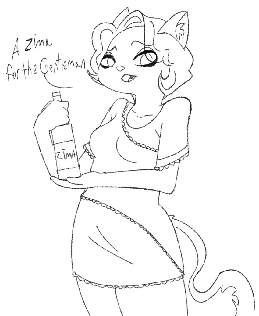 2023 anthro biped bottle breasts clothed clothed_anthro clothed_female clothing container curled_hair curved_eyebrows dialogue digital_drawing_(artwork) digital_media_(artwork) domestic_cat dress english_text eye_through_hair eyebrow_through_hair eyebrows eyelashes eyelashes_through_hair fangs felid feline felis female fingers gold-white-kott hair hi_res holding_bottle holding_container holding_object humanoid_hands inner_ear_fluff lackadaisy looking_at_viewer mammal medium_breasts mitzi_may monochrome open_mouth portrait prick_ears short_hair solo standing tail talking_to_viewer teeth text text_on_bottle thick_eyelashes thick_thighs thin_eyebrows three-quarter_portrait three-quarter_view tongue translucent translucent_hair tuft webcomic
