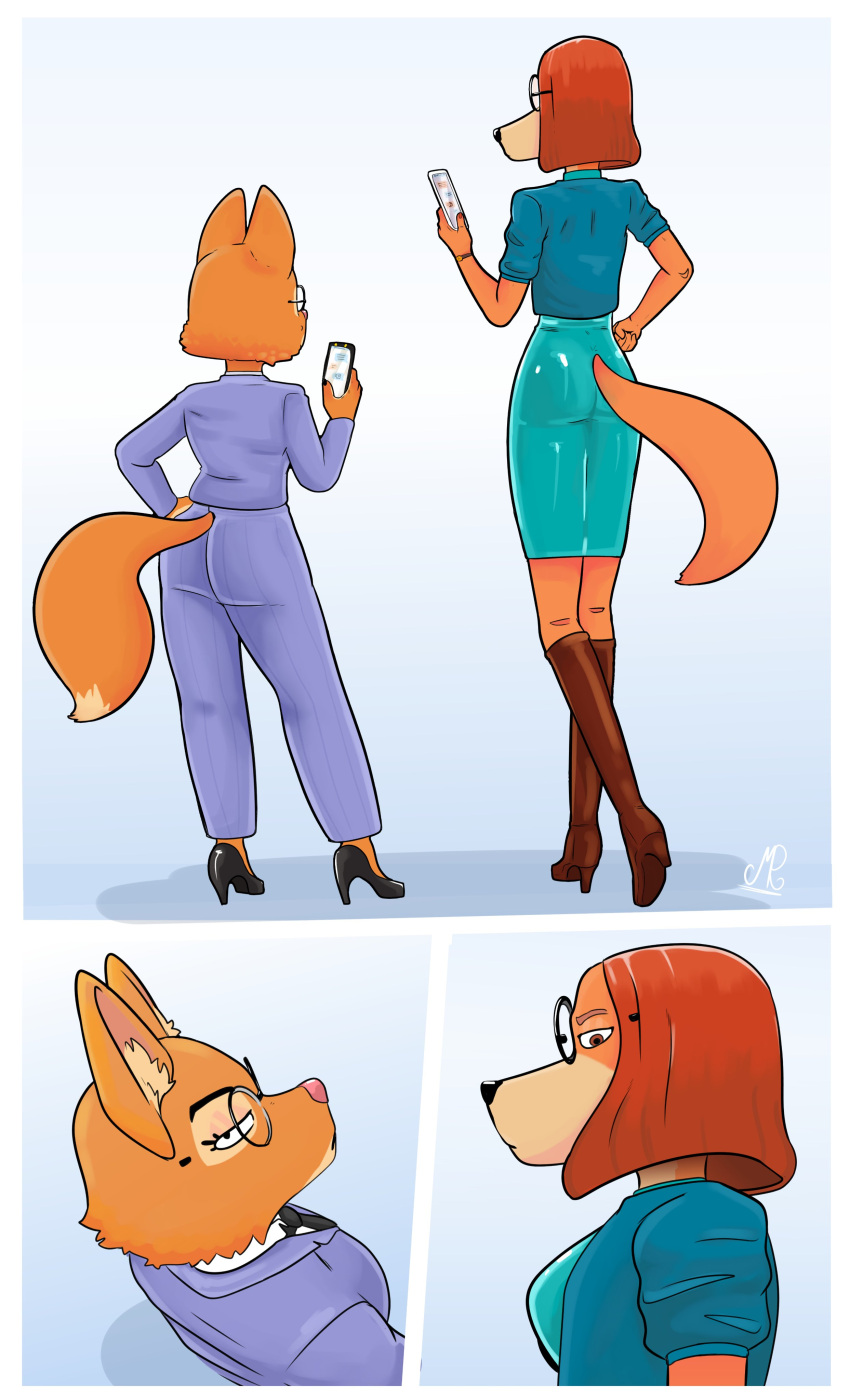 2022 absurd_res anthro boots canid canine canis clothing comic crossover diane_foxington domestic_dog dreamworks duo eye_contact eyewear female footwear fox fur glasses hi_res high_heeled_boots high_heels hunting_dog illumination_entertainment looking_at_another looking_down looking_up mammal n0b0dy orange_body orange_fur phone rear_view red_body red_fur saluki sighthound sing_(movie) suki_lane the_bad_guys