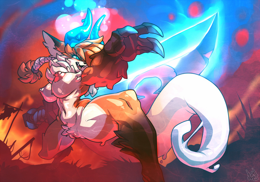 anthro atryl battlefield belly big_breasts blue_eyes breasts canid canine claws dipstick_tail female fire fox fur genitals glowing glowing_horn glowing_sword glowing_weapon hair hair_over_eye horn mammal markings melee_weapon neck_tuft nipples one_eye_obstructed open_mouth orange_body orange_fur pussy solo sword tail tail_markings teeth tuft vela_(kagekitsoon) weapon white_belly white_body white_fur