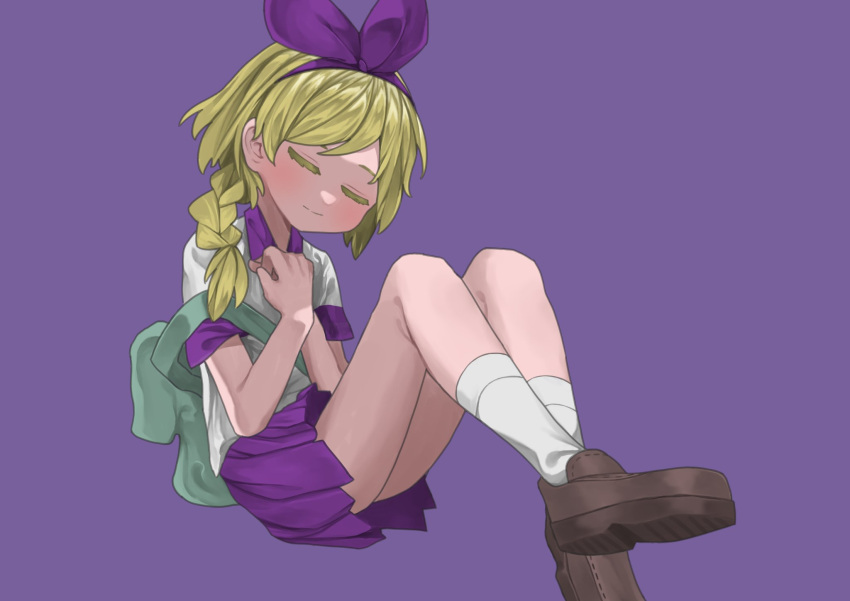 1girl bag bangs blonde_hair braid closed_eyes closed_mouth collared_shirt full_body hair_over_shoulder hair_ribbon hairband hands_on_own_chest haru_(yomawari) highres kilsturgeon knees_up light_blush loafers own_hands_together pleated_skirt purple_background purple_hairband purple_ribbon purple_skirt ribbon shin_yomawari shirt shoes short_sleeves shoulder_bag simple_background skirt smile socks solo swept_bangs white_shirt white_socks yomawari_(series)