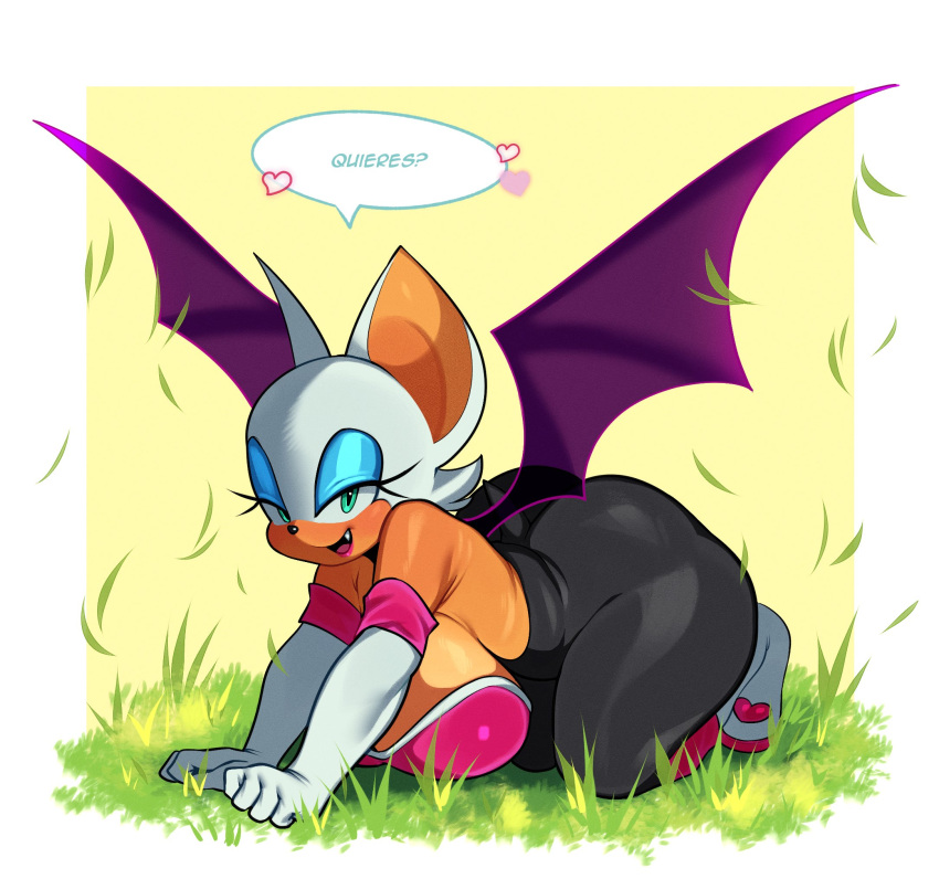 &iquest;quieres? &lt;3 2023 all_fours anthro bat bat_wings big_breasts big_butt blue_eyes breasts butt clothed clothing dialogue eyeshadow female fiinel grass hi_res huge_breasts huge_butt looking_at_viewer makeup mammal membrane_(anatomy) membranous_wings meme open_mouth open_smile plant rouge_the_bat sega smile smiling_at_viewer solo sonic_the_hedgehog_(series) spanish_text talking_to_viewer text wings