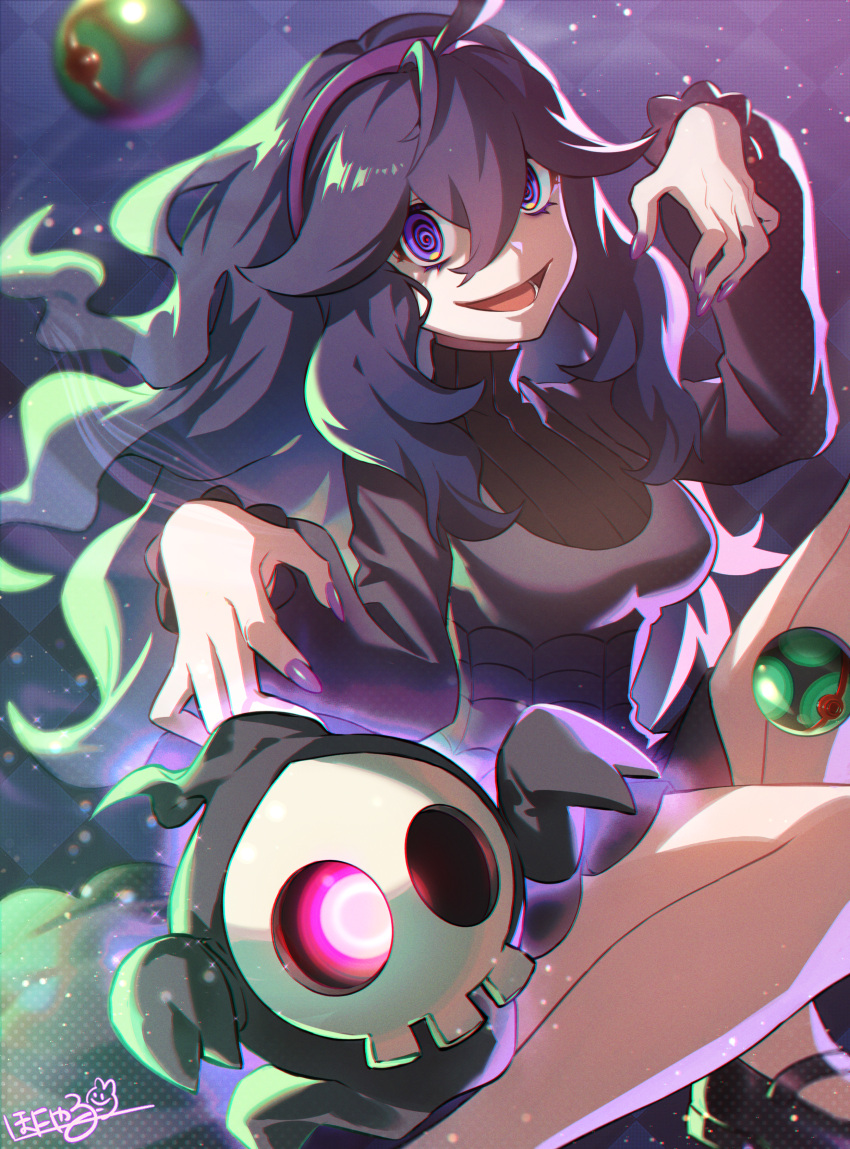 1girl @_@ absurdres ahoge black_dress black_footwear black_hair black_sweater blurry breasts commentary_request dress dusk_ball duskull hair_between_eyes hairband hands_up hex_maniac_(pokemon) highres honyaru_(nanairo39) long_hair long_sleeves looking_at_viewer nail_polish poke_ball pokemon pokemon_(creature) pokemon_(game) pokemon_xy purple_eyes purple_hairband purple_nails ribbed_sweater shoes smile sweater sweater_under_dress