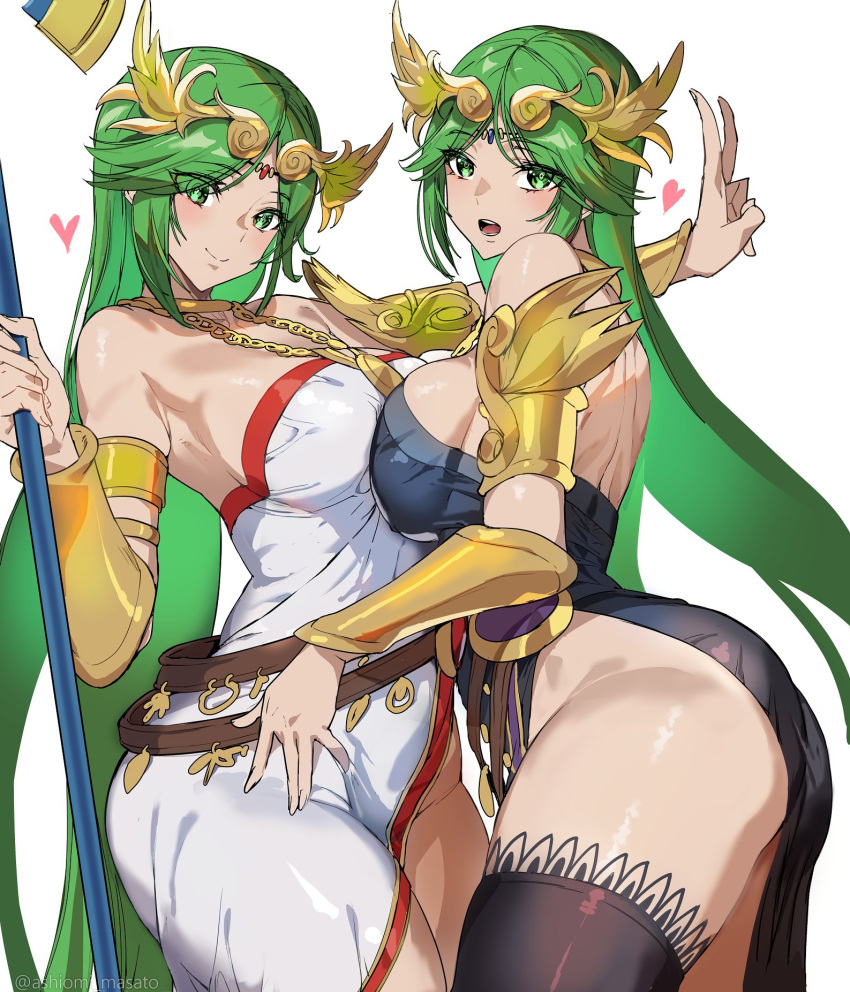 2girls armlet armor ashiomi_masato asymmetrical_docking bare_shoulders belt black_dress black_thighhighs breast_press breasts brown_belt chain circlet dress dual_persona gold gold_chain green_eyes green_hair heart highres holding holding_staff kid_icarus large_breasts long_hair looking_at_viewer multiple_girls open_mouth palutena side_slit simple_background smile staff super_smash_bros. thighhighs tiara v vambraces very_long_hair white_background white_dress