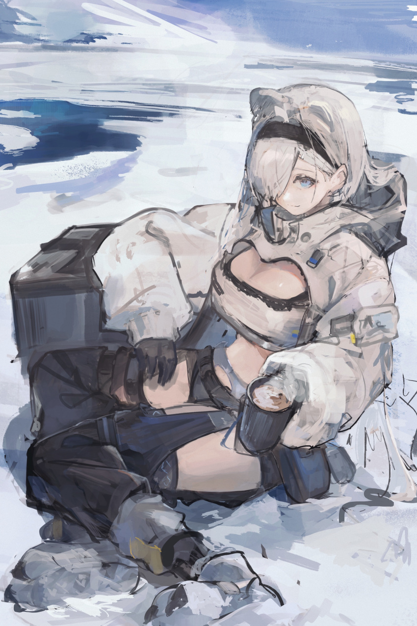 1girl absurdres animal_ears arknights aurora_(arknights) bear_ears bear_girl black_gloves black_hairband breasts chaps clawed_boots cleavage coat commentary commission crop_top cup full_body gloves hairband highres holding holding_cup large_breasts medium_hair midriff mm30212 mountainous_horizon open_clothes open_coat outdoors shirt sitting skeb_commission sketch snow solo water white_coat white_footwear white_hair white_shirt yokozuwari