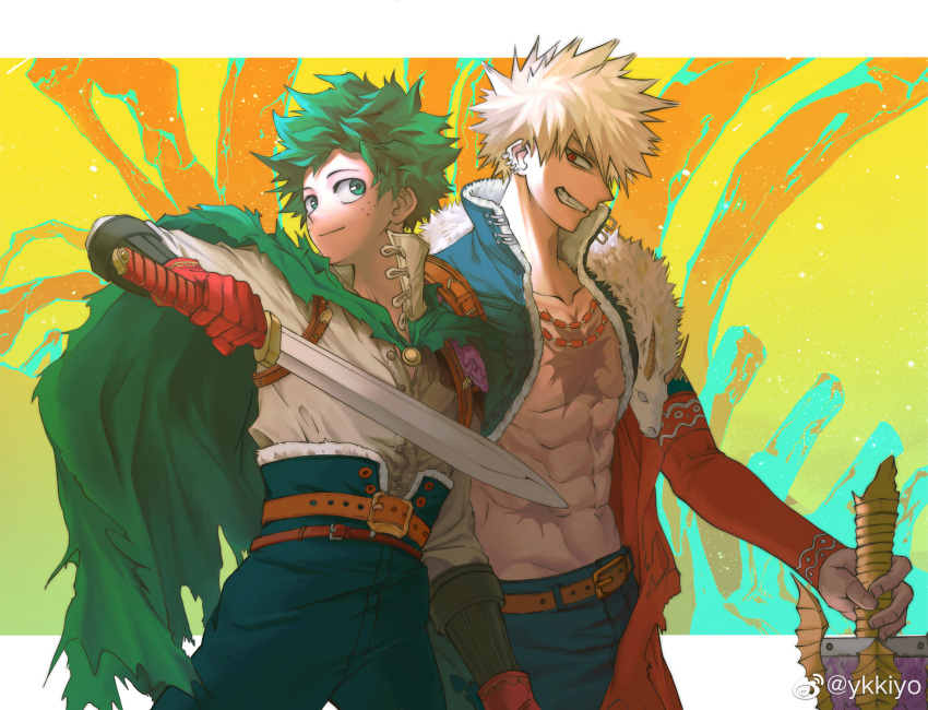 2boys abs abstract_background absurdres alternate_universe arm_at_side bakugou_katsuki belt belt_buckle blonde_hair blue_jacket blue_pants boku_no_hero_academia brown_belt buckle cape chinese_commentary closed_mouth collarbone commentary_request cropped_jacket detached_sleeves ear_piercing floating_cape freckles fur-trimmed_jacket fur-trimmed_pants fur_trim gloves gradient_background green_background green_cape green_eyes green_hair grey_shirt grin hand_up high-waist_pants high_collar highres holding holding_sword holding_weapon jacket jewelry letterboxed looking_at_viewer looking_to_the_side male_focus midoriya_izuku multiple_belts multiple_boys multiple_piercings navel necklace no_shirt official_alternate_costume open_collar open_fly orange_cape outside_border outstretched_arm pants partially_unbuttoned piercing profile red_belt red_eyes red_gloves scar scar_on_chest scar_on_leg shirt short_hair short_sword side-by-side sidelighting sideways_glance sideways_mouth single_shoulder_pad smile spiked_hair sword toggles toned toned_male torn_cape torn_clothes turning_head upper_body weapon weibo_logo weibo_username yellow_background yellow_brooch ykkiyo